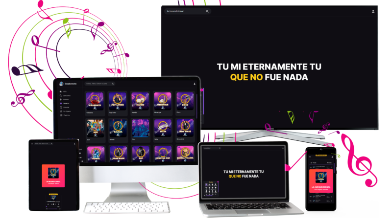 Karaoke funcionando en SmartTV, iMac, laptop, tablet y celular con letra sincronizada