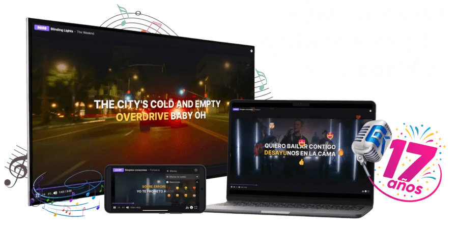 Ecuakaraoke Internacional funcionando en SmartTV, laptop y celular con la letra del karaoke sincronizada en pantalla