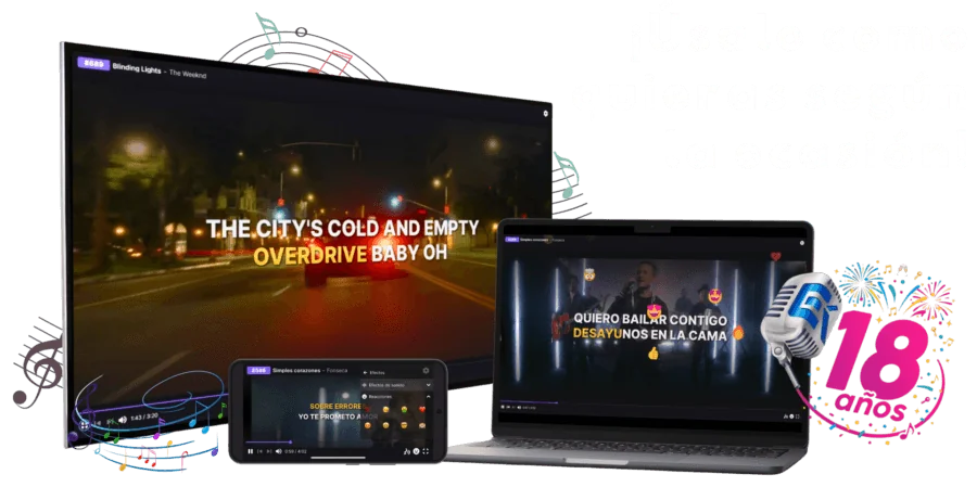 Ecuakaraoke Internacional funcionando en SmartTV, laptop y celular con la letra del karaoke sincronizada en pantalla