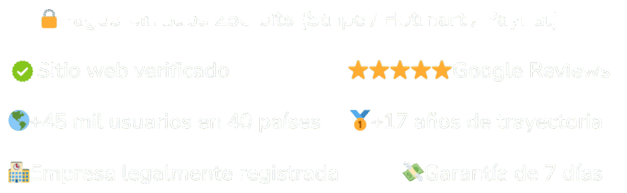 Sellos de confianza de Ecuakaraoke: pagos seguros con Stripe, Hotmart y PayPal, sitio web verificado, 5 estrellas en Google Reviews, mas de 45 mil usuarios en 40 paises, mas de 17 anos de trayectoria, empresa legalmente registrada y garantia de 7 dias